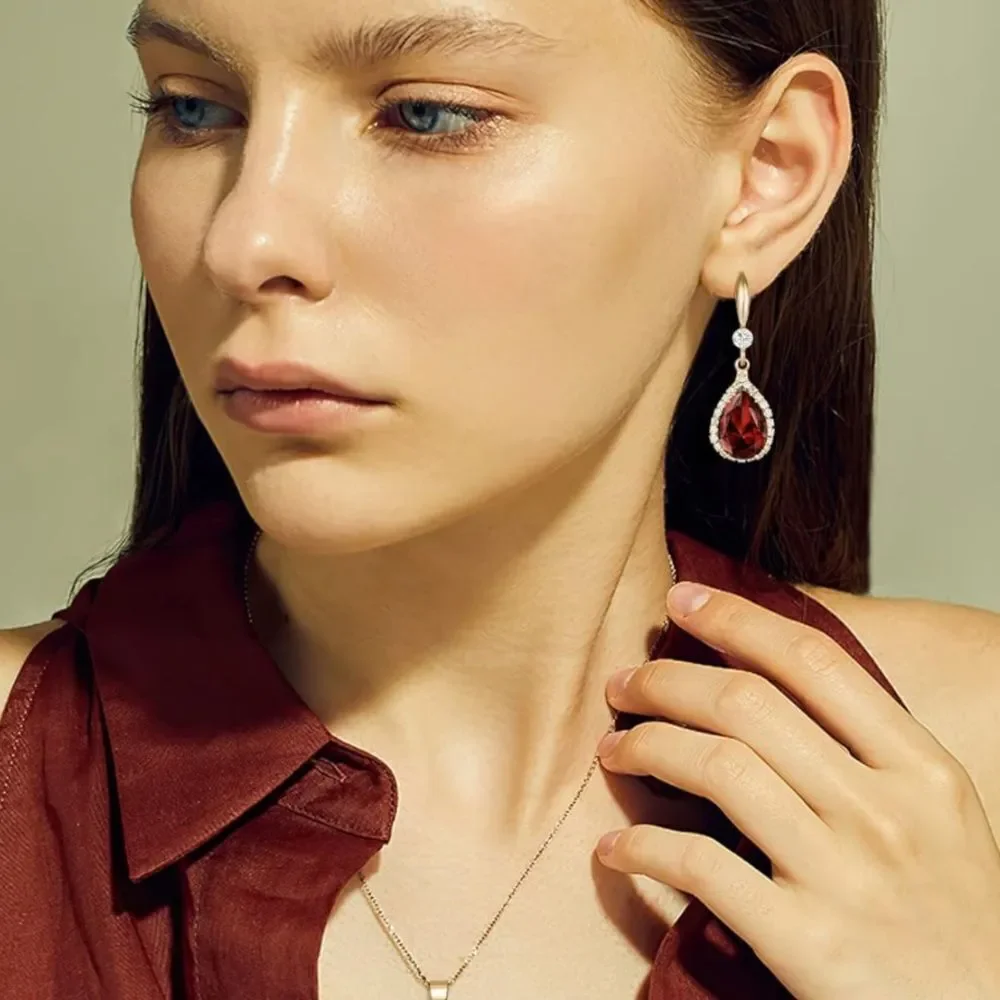 14K Rose Gold with Red Garnet Cubic Zirconia Teardrop Hook Dangling Earrings